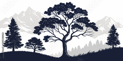 Bild auf Leinwand Silhouetted evergreen and broadleaf trees against a backdrop of mountains and hi