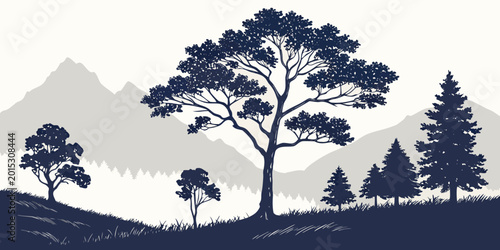 Fotografía Stylized graphic landscape with silhouettes of trees hills mountains under a pal