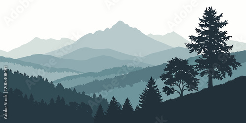 Foto Layered mountains and forest silhouette with graphic resources plants and flower