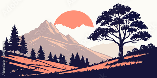 Fotografía Sunset landscape with a silhouette tree and majestic mountains forest silhouette