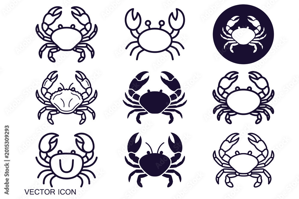 Obraz premium Nine stylized blackwhite crab icons in monochromatic monoline design showcasing various orientations for branding and logo applications