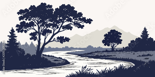 Tableau sur toile Winding river flowing through a serene landscape with dense forest trees and dis