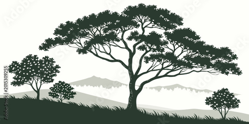 Fotografie Serene landscape illustration featuring a large central tree and smaller trees o