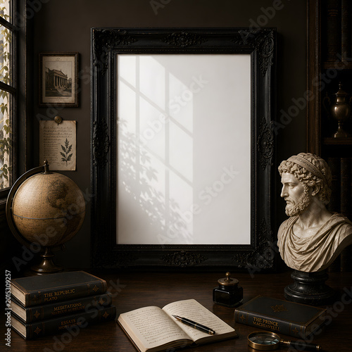 Dark Academia Frame Mockup with Moody Lighting and Vintage Library Interior Styling