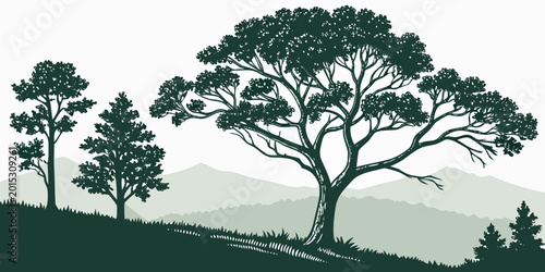 Bild auf Leinwand Green landscape silhouette vector illustration with large tree smaller trees mou