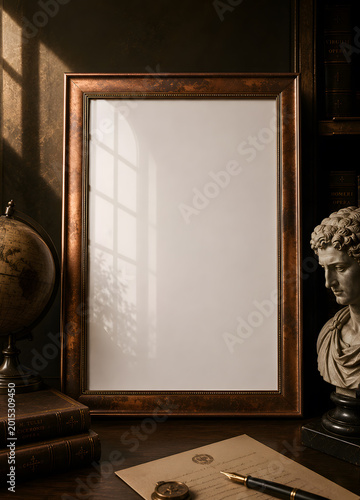 Dark Academia Frame Mockup with Moody Lighting and Vintage Library Interior Styling