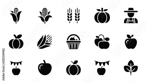 Set of 15 Black Harvest and Autumn Food Icons Vector