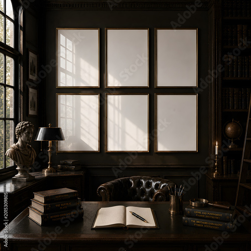 Dark Academia Frame Mockup with Moody Lighting and Vintage Library Interior Styling