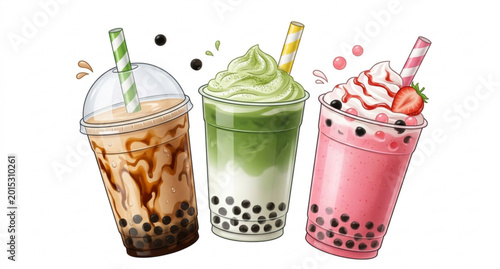 Photos Realistic bubble tea drinks with tapioca pearls creamy milkshake and iced coffee