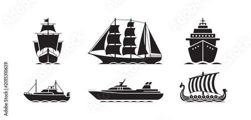 Schilderij op canvas Collection of Ship and Boat Silhouettes Including Sailing Vessel Cruise Ship and