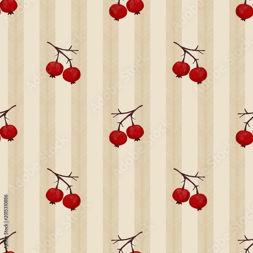 Seamless pattern with red berries on striped background, scandinavian autumn botanical texture