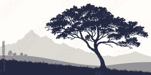 Photos Minimalist vector illustration of a grand old deciduous tree with spreading bran