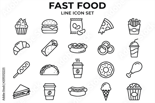 Premium line icons set showcasing diverse fast food items including burger pizza fries hotdog taco coffee drink donut icecream in clean monoline style