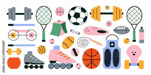 collection of sports equipment and accessories colorful illustration