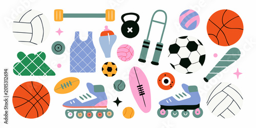 collection of sports equipment flat vector illustration colorful