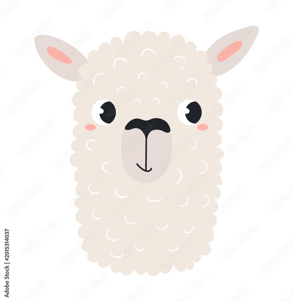 Fototapeta premium Cute little llama, alpaca face illustration isolated. Kawaii cartoon character. Wild animal, baby animal, wildlife, nature, fauna. Kids print, design element, clip art. Hand drawn flat vector