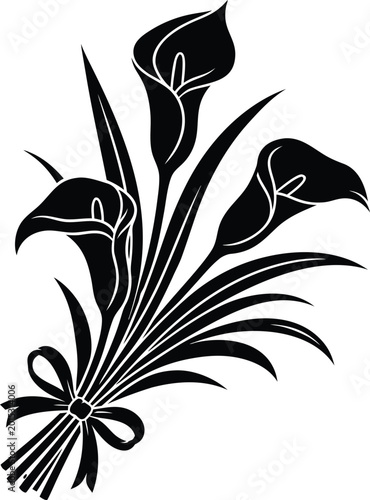 Black and white hummingbird illustration with calla lilies and floral motif