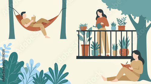 Serene illustration of leisure, reading, and gardening activities outdoors