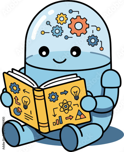 A cute robot reads a book with science and technology symbols on it