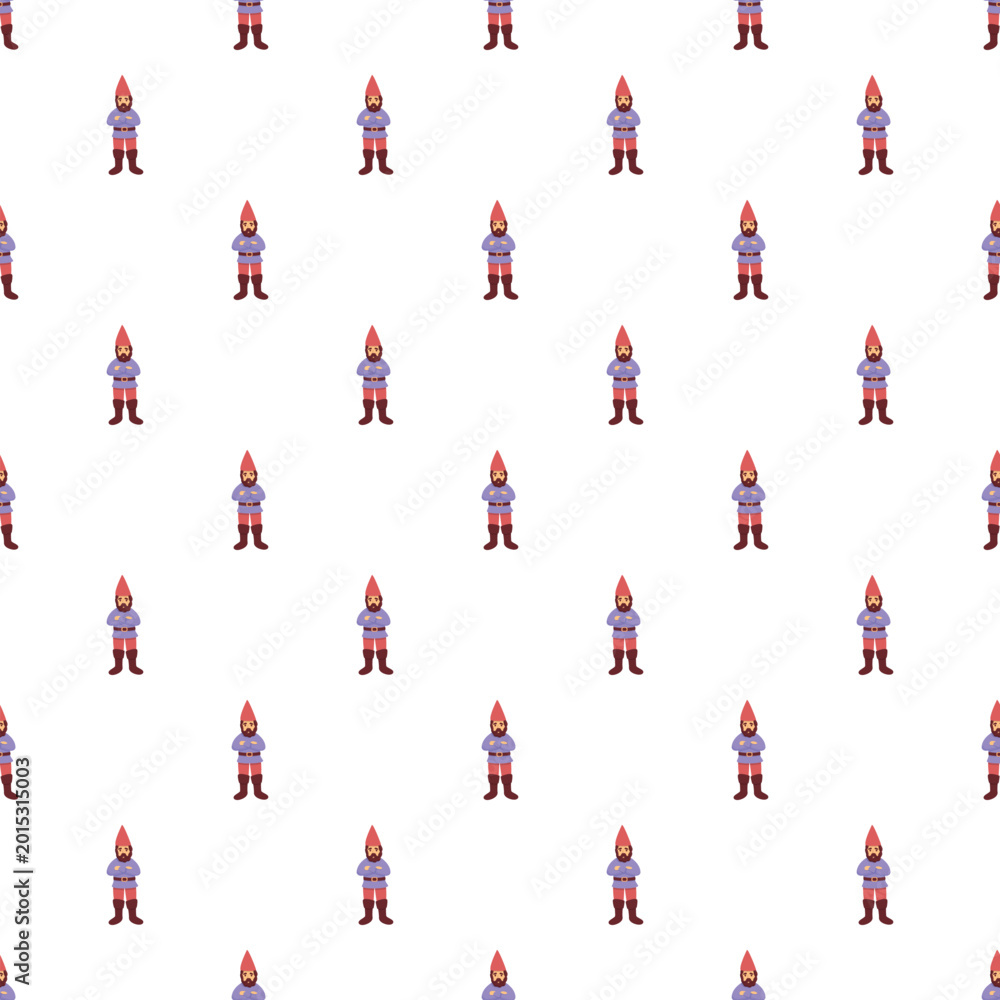 Fototapeta premium Cartoon garden gnomes standing in a seamless repeating pattern on a white background