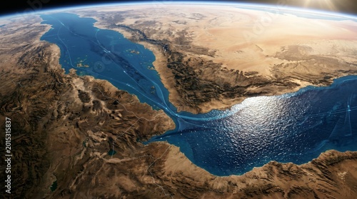 Detailed 3D satellite view of Bab el-Mandeb strait with shipping lanes