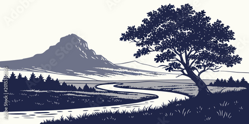 Fotografie Serene landscape with large tree mountain and winding river landscape mountain w