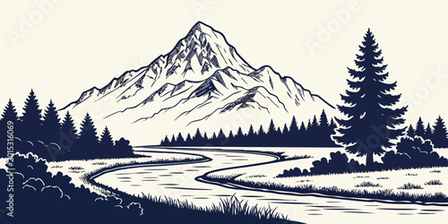 Foto Detailed hand drawn mountain landscape with river and pine trees mountain landsc