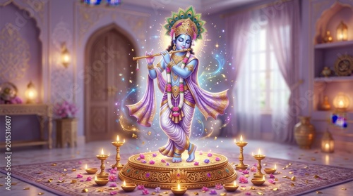 Lord Krishna playing flute in ornate temple with glowing lanterns and flower petals