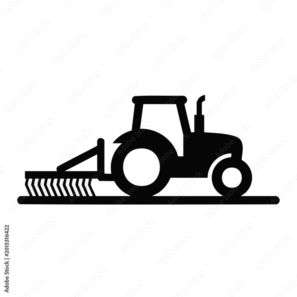 Fototapeta premium Farm tractor with a plow attachment. Silhouette vector illustration isolated on transparent background. Agricultural machinery and farming concept