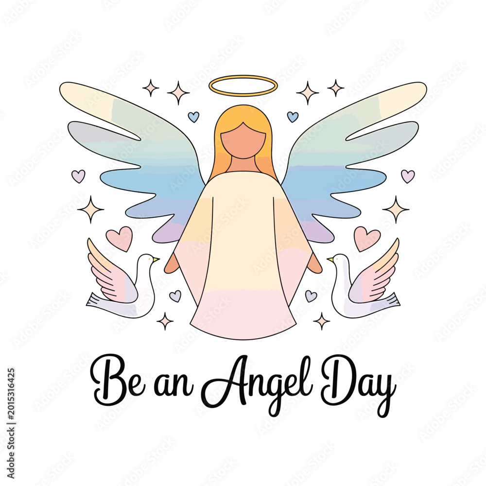 Naklejka premium Angel with rainbow wings, halo, and two white doves, be an angel day text, pastel color bird