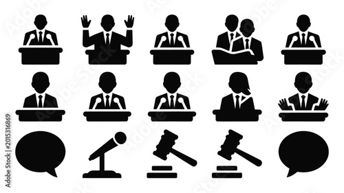 Photography Set of 15 Black Speaker and Legal Authority Icons Vector