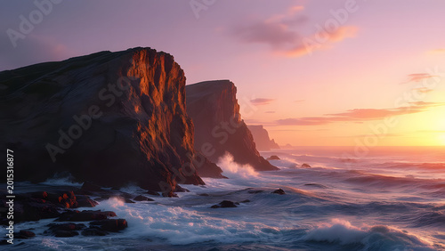 Rugged coastal cliffs bathed in the warm glow of a soft sunrise over the ocean waves transparent background