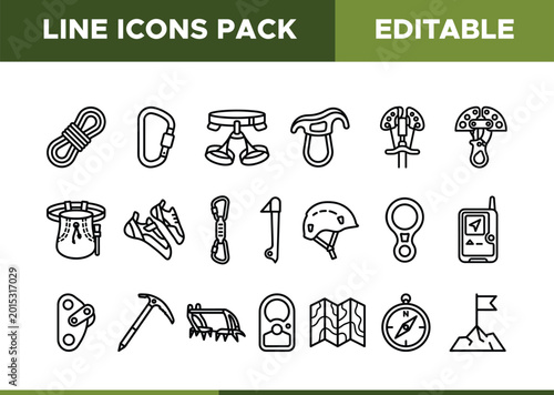 Foto Line Icons Pack, 20 editable vector icons for rock climbing and mountaineering e