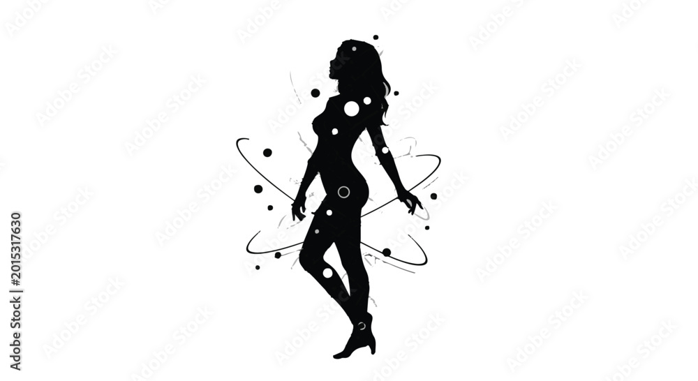 Fototapeta premium Woman silhouette stands gracefully amidst floating particles and glowing light orbits.
