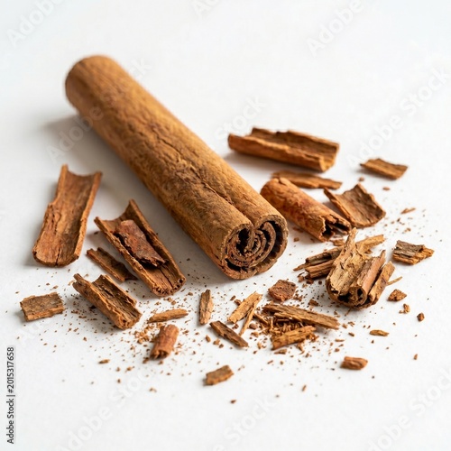 Dried Cinnamon Stick with Crushed Cinnamon Pieces Isolated on White Background, Detailed Macro Spice Photography