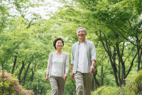 公園を歩くシニア夫婦の健康的な生活素材