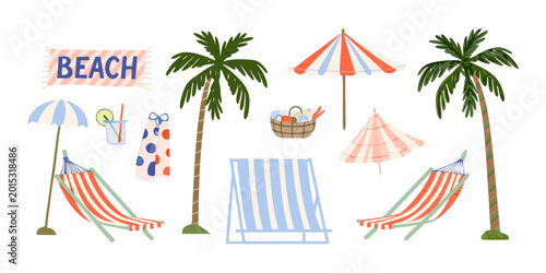 Foto Beach elements illustration with chairs umbrellas and palm trees
