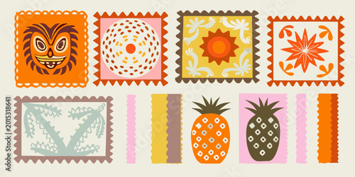 Retro style postage stamps with tropical and floral motifs