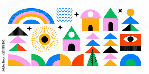 Abstract geometric shapes and colorful illustrations on a white background
