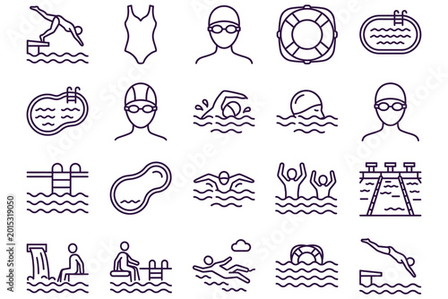 Comprehensive swimming safety and pool activity icons set featuring lifeguard diving, swimmer poses, lifebuoy, and poolside equipment in clean line-draw minimalist style