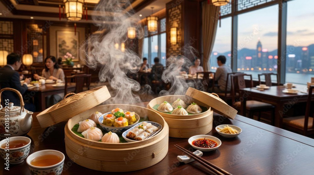 Fototapeta premium Steaming Dim Sum Restaurant Banner At Sunset
