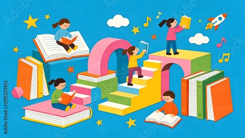 Children's Fantasy Reading Staircase and Book 3D Illustration