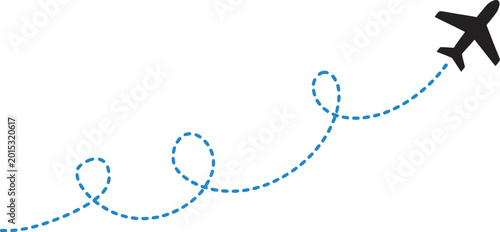 Fotografie Black silhouette of an airplane traces a dashed blue line path across a transpar