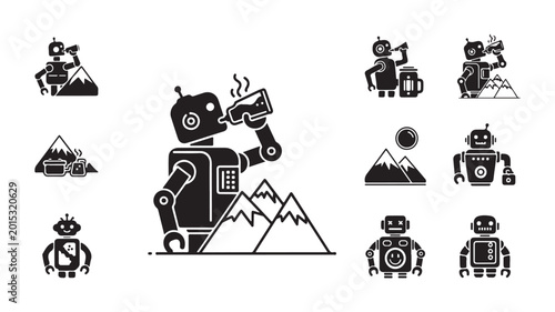 Retro robot character icon set, vintage android drinking coffee in mountain landscape, black and white minimalist robot vector collection