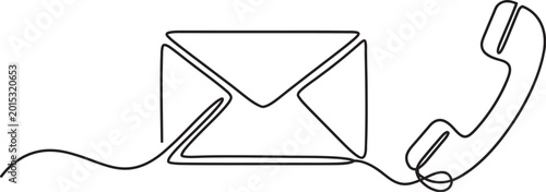 Foto Continuous line drawing of an envelope and telephone receiver representing commu