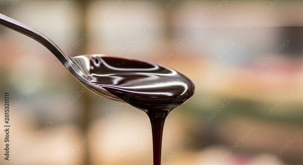 Fototapeta premium Close up of a spoon with dark chocolate syrup dripping.