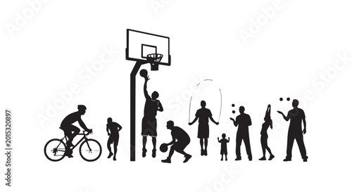Diverse group of sports figures performing various activities including cycling basketball jumping juggling on white.
