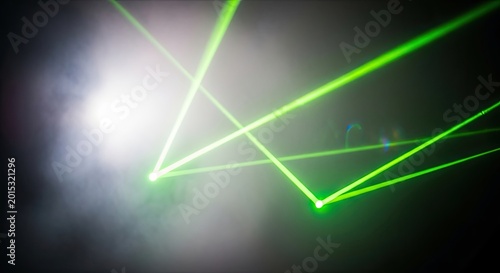 Bright Green Laser Beams Illuminating a Dark, Smoky Environment with Dynamic Light Effects.