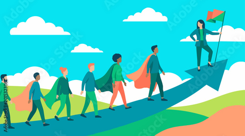Photos Diverse team on an upward path led by a woman with a flag, symbolizing leadershi