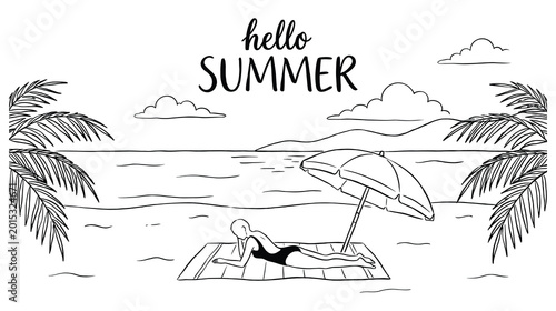 Foto Woman sunbathing on beach under umbrella, hello summer text.